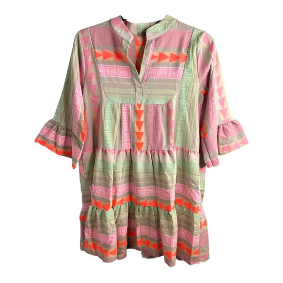 Anthropologie Luisa Perla Tiered Split Neck Bell Slevee Aztec Tribal Dress Small - Picture 3 of 16